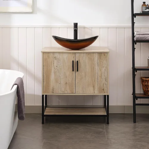 Miniatura 29 de UEV Tocador de Baño de Roble Rústico de 24" con Lavabo, Conjunto de Gabinete de Baño con Marco de Hierro Industrial con Puertas y Estante, con Combo