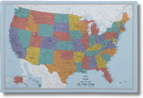Miniatura 27 de Push Pin Travel Maps Lienzo personalizado Blue Oceans USA con marco gris de madera de granero