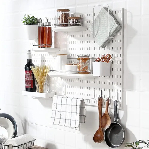 Miniatura 5 de Organizador de pared de tablero de clavijas blanco, 4 piezas, tablero de clavijas autoadhesivas, kits de panel de pared, almacenamiento para sala