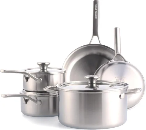 Merten & Storck Juego de 8 ollas y sartenes de acero inoxidable de tres capas, cocina profesional, multirevestimiento, marcas de medición, bordes de