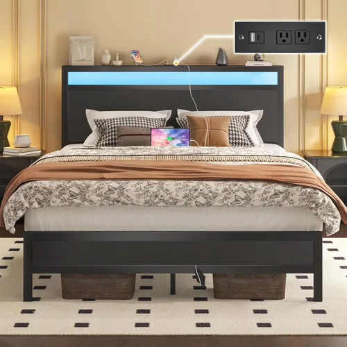 Miniatura 10 de Fluest Base de cama Queen con cabecero y estribo, marco de cama con estación de carga integrada y luz LED, estante de almacenamiento, sin ruido,