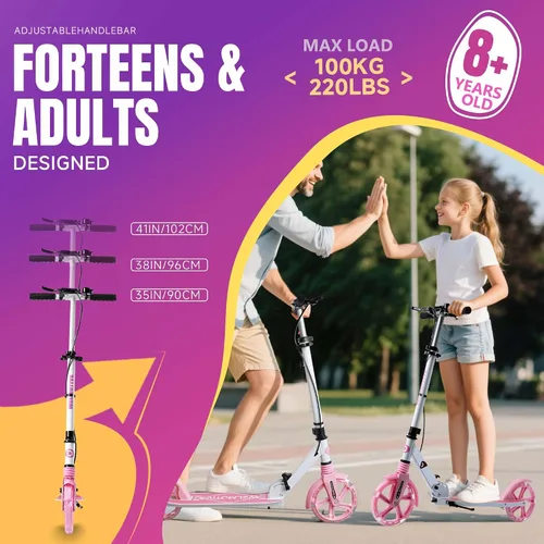 Miniatura 2 de Patinete para niños de 8+ años, adolescentes y adultos, con freno de mano delantero y freno trasero, y manillar ajustable, ruedas grandes y Blanco