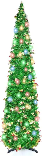 Árbol de Navidad desplegable de 5 pies con 90 luces LED, árbol de Navidad plegable con trineo de lentejuelas y oropel delgado tipo lápiz para el