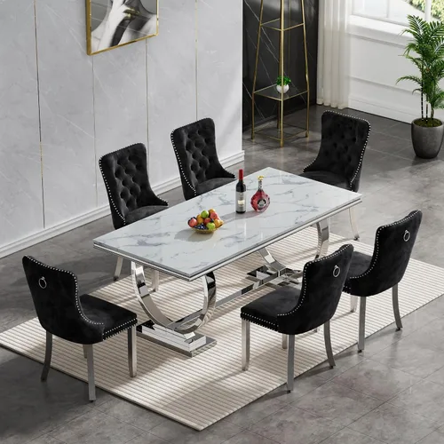 Miniatura 22 de Juego de mesa de comedor de mármol de 5 piezas para 4, mesa de cocina de lujo de 68 pulgadas de mármol negro dorado con 4 sillas tapizadas
