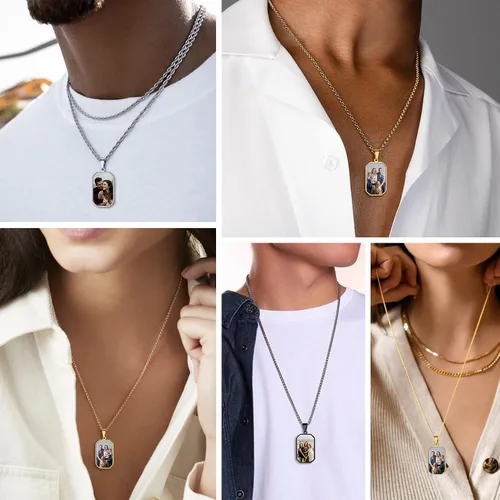 Miniatura 2 de Bestyle Collares de fotos personalizados (mejorados, más vívidos y claros) para hombres y mujeres, etiqueta de corazónmilitarcolgante de etiqueta