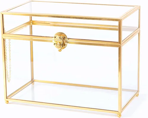 Vellon Caja de tarjetas de regalo de boda de cristal transparente dorado con cierre de hebilla organizador de almacenamiento de cosméticos de