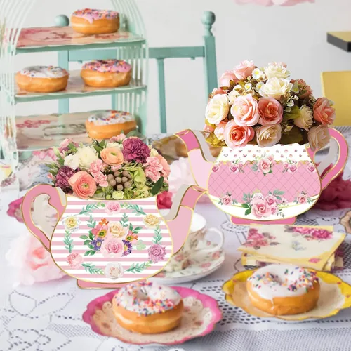 Miniatura 4 de 8 piezas de decoración de fiesta de té, cajas de centro de mesa de tetera floral para fiesta de cumpleaños de princesa, decoración de mesa temática