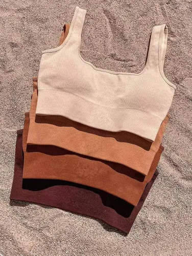Miniatura 6 de OQQ Conjunto deportivo de 3 piezas para mujer acanalado sin costuras cuello redondo brasier deportivo con un hombro cintura alta leggings activos