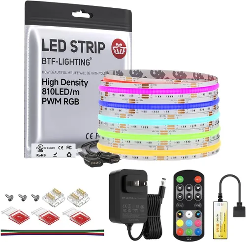 Miniatura 18 de BTF-LIGHTING FCOB COB - Tira de luz LED RGB con certificación UL, 810 LEDs/m de alta densidad flexible que cambia de color, DC12V 9.8 pies y 0.394
