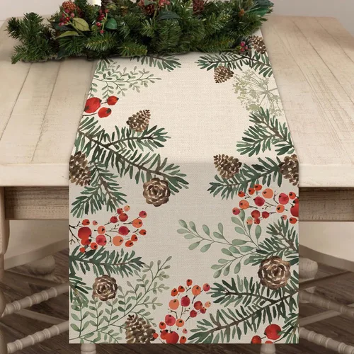 Miniatura 6 de Seliem Camino de Mesa de Rama de Aguja de Piña de Pino de Invierno con Bayas, Bufanda de Mesa Botánica de Acuarela, Decoración de Plantas para Hogar