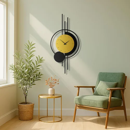 Miniatura 2 de pluviart Reloj de pared geométrico dorado y negro, reloj de metal silencioso grande, arte de pared moderno de mediados de siglo para sala de estar