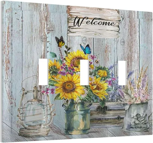 Miniatura 46 de Placa Cubierta de Interruptor de Luz de Palanca Individual con Diseño de Flor Botánica en Tablero de Madera Rústico Estilo Granja - Placa de Pared