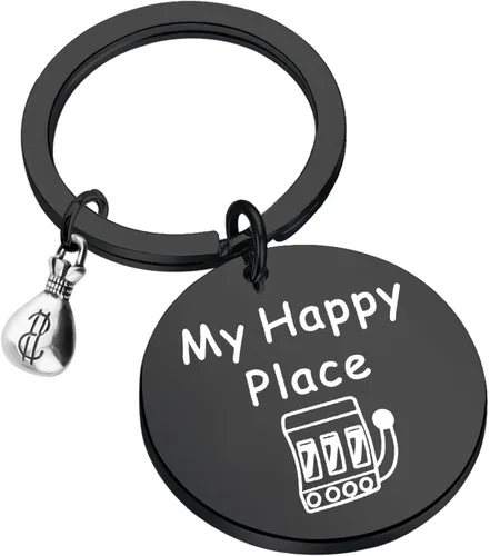 FEELMEM Llavero de casino para amantes de los casinos, regalo para jugadores, regalo My Happy Place Lucky 777 Jackpot Casino
