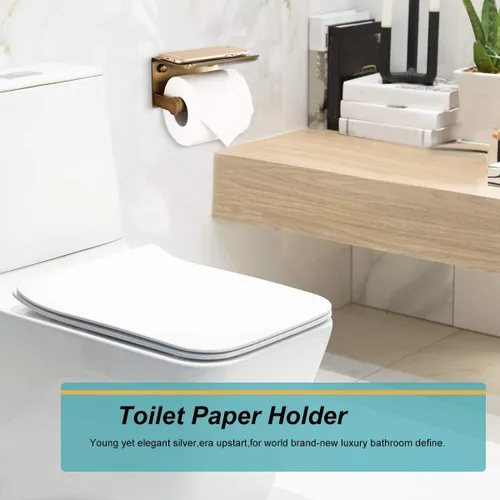 Miniatura 3 de Soporte de papel higiénico de latón antiguo con estante de almacenamiento para teléfono móvil, soporte de pared (2#)