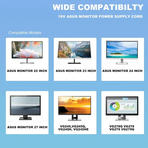 Miniatura 5 de Cable de alimentación de 19 V compatible con Asus VG278 VL278H VG278Q VG279 VG245 VX238H VX239H VX248 MS226H LS246H LS248H MZ279HL LCD Asus 27 25 24
