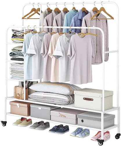 Miniatura 7 de SUOERNUO Perchero con ruedas para ropa, estante para colgar ropa resistente, estante metálico enrollable para dormitorio, armario (Negro)