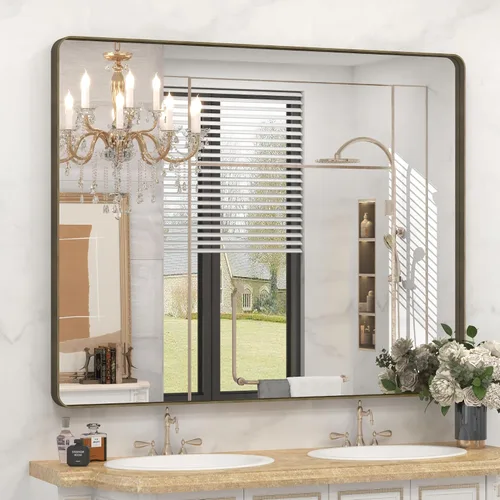 Miniatura 92 de Paquete de 2 espejos de baño con marco de metal negro de 22 x 30 pulgadas, espejo rectangular redondeado negro mate, antioxidante, se cuelga