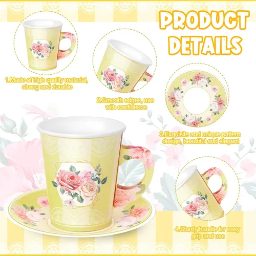 Miniatura 3 de Zopeal 100 piezas desechables para decoración de fiesta de té, taza de papel floral de 9 onzas con asa y platillo para el día de la madre, boda