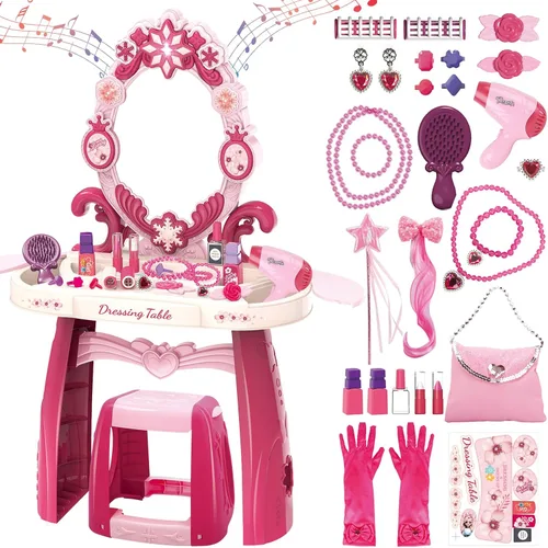 Miniatura 7 de deAO Juego de tocador de maquillaje para niños pequeños con espejo y silla, juego de tocador para niños con luz y música, juguete de maquillaje