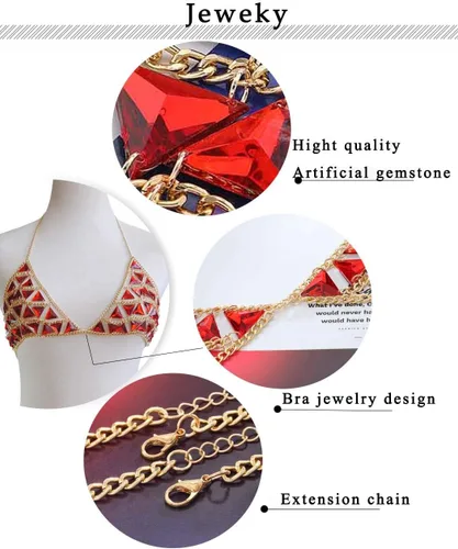 Miniatura 4 de Jeweky - Brasier con diseño de triángulo rojo y piedras preciosas bohemias, joyería para el cuerpo de bikini de playa para mujeres y niñas