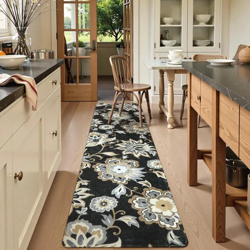 Miniatura 27 de Lahome - Tapete floral con estampado de cachemira, lavable, antideslizante, pequeño, anti-manchas, suave, para baño, entrada, dormitorio, Negro