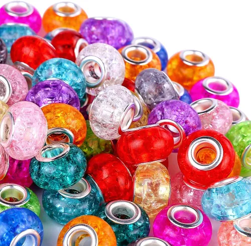 Miniatura 9 de 100 Piezas Cuentas Espaciadoras Europeas de Agujero Grande de 0.551 pulgadas, Mezcla de Colores con Núcleos de Latón Plateado Surtidos Cuentas