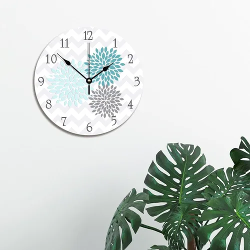 Miniatura 3 de ArogGeld Reloj de pared de madera gris aguamarina verde azulado, reloj de pared de flores de dalia, reloj de pared silencioso sin tictac, funciona