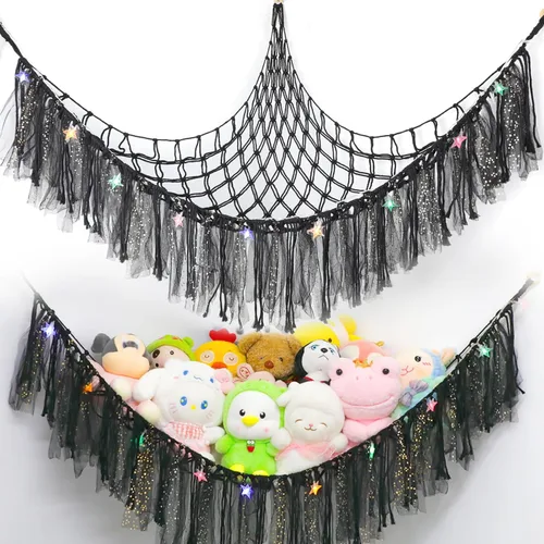 Hamaca de animales de peluche con luces LED, red grande de almacenamiento de juguetes de 59 pulgadas para dormitorio de niños, organizador de felpa