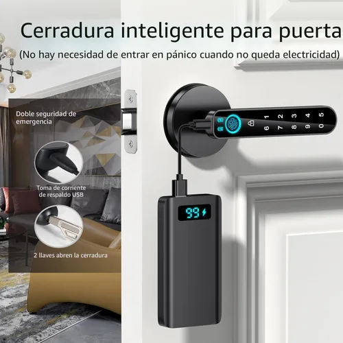 Miniatura 5 de Cerradura de puerta de huellas dactilares: perilla de puerta inteligente, cerradura de puerta biométrica, con teclado de código de acceso, manija