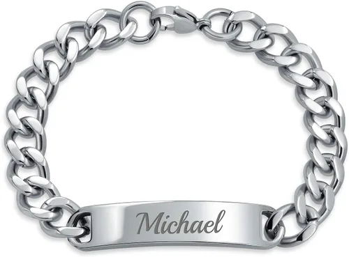Miniatura 5 de Bling Jewelry Cadena de eslabones cubanos chapada en nombre de identificación para hombre, nombre personalizado, grabado en tono plateado, acero