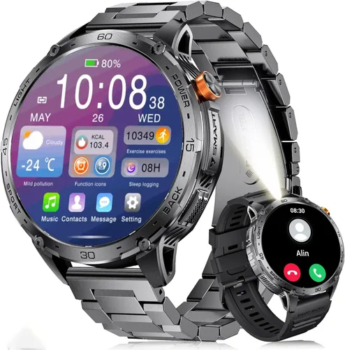 LIGE Reloj inteligente militar para hombre, 730 mAh/1.75 pulgadas, pantalla táctil HD AMOLED, con linterna LED para Android iOS, rastreador de