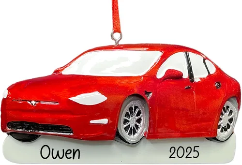 Adorno de Navidad personalizado para automóvil eléctrico 2026 | Decoración de árbol de Navidad de automóvil eléctrico rojo personalizado con nombre