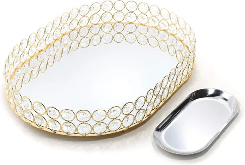 Miniatura 15 de Bandeja decorativa de cristal de metal con espejo para perfumes, organizador de cosméticos, bandeja de almacenamiento para joyas, bandejas