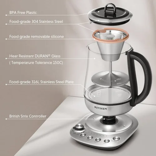 Miniatura 7 de BUYDEEM K176 - Tetera eléctrica multifuncional de acero inoxidable para preparar té y café, mantener el calor automático, 5 controles de sabor, 1.5L