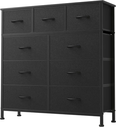 Miniatura 9 de DUMOS Cómoda para dormitorio, organizador de almacenamiento con 9 cajones, cómoda con cubos de tela, marco de metal resistente, mesa de madera
