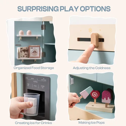 Miniatura 3 de ROBOTIME - Refrigerador de madera de juguete, para niños pequeños y grandes, con máquina de hielo y alimentos, juego de cocina de simulación
