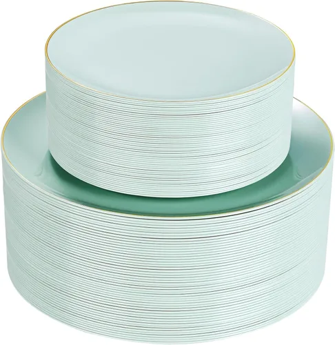Miniatura 16 de PULOTE 100 piezas de platos de plástico verde - Platos desechables verdes con borde dorado - Incluye 50 piezas de cena de 10.25 pulgadas, 50 piezas