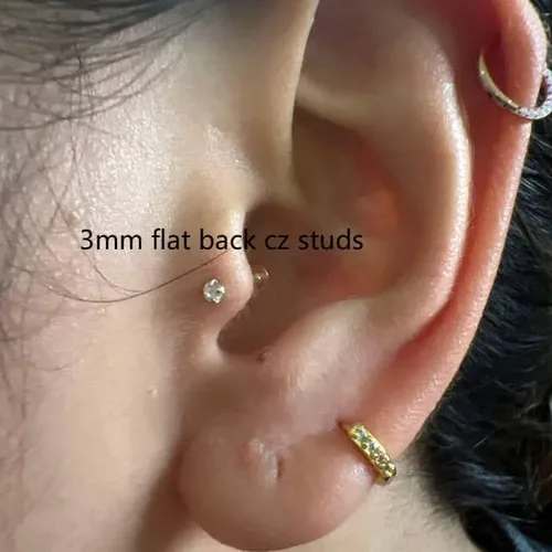 Miniatura 4 de Aretes de botón planos con tuerca de circonita cúbica, pequeños aretes planos de circonita cúbica para hélice, cartílago, tragus, lóbulo