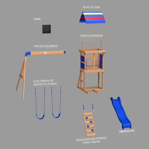 Miniatura 8 de Conjunto de columpios Backyard Discovery Bay Pointe de madera de cedro con tobogán de ola, plataforma de juego, escalera de roca, columpios con Azul