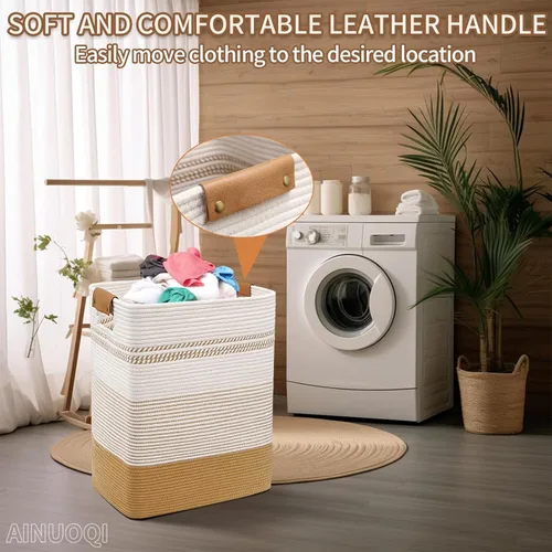 Miniatura 6 de AINUOQI Cesta de Ropa Sucia Grande Cesta de Lavandería con Asas de Cuero, Cesta de Almacenamiento Decorativa de Cuerda de Algodón Tejida para Yute