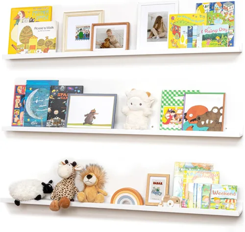 Miniatura 41 de FLYJOE Estante de repisa de fotos para pared, 24 pulgadas de madera de fresno maciza, estantes para libros de guardería, estantes flotantes