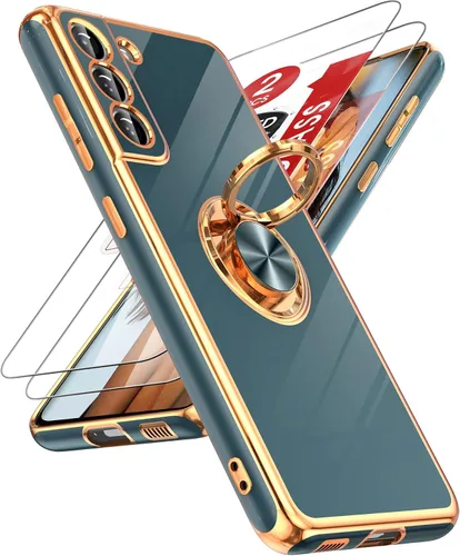 Miniatura 44 de LeYi Funda para Samsung Galaxy S22 Ultra con soporte de anillo giratorio de 360°, soporte magnético, chapado en oro rosa, borde protector para Negro