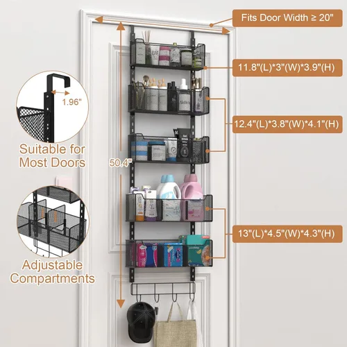Miniatura 3 de VyGrow Organizador de puerta para colgar sobre la puerta, organizador de puerta de metal con 5 cestas ajustables y gancho para abrigos