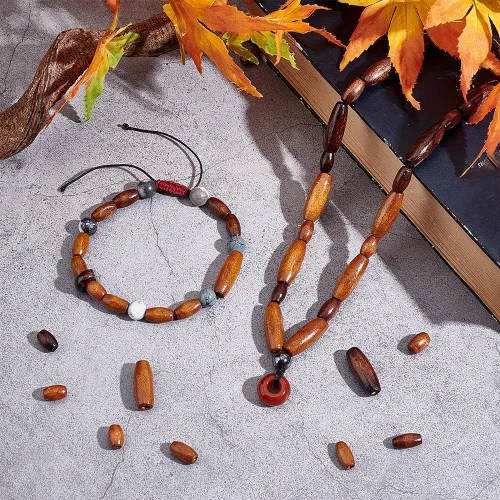 Miniatura 5 de AHANDMAKER 240 cuentas de madera ovaladas naturales, 6 cuentas espaciadoras de madera teñidas, cuentas de tubo de madera teñidas de color marrón