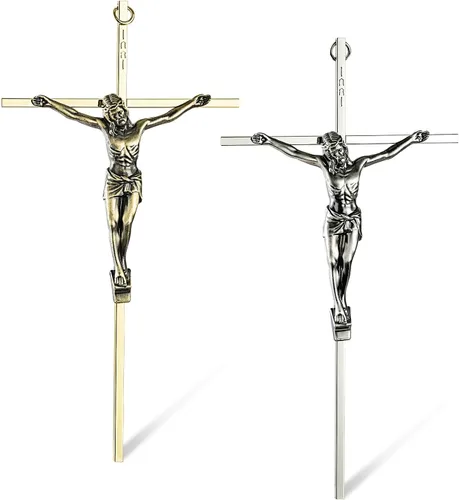 Miniatura 10 de ACHIBANG Crucifijo de metal de 10 pulgadas - Cruz de Jesús de plata católica moderna para decoración de pared, símbolo cristiano de fe plata