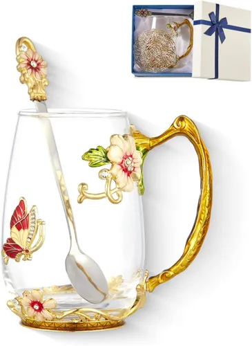 Taza de té con flores, taza de café de vidrio transparente elegante con cuchara, caja de regalo para ella, mamá, esposa, abuela, niñas, amigas, idea