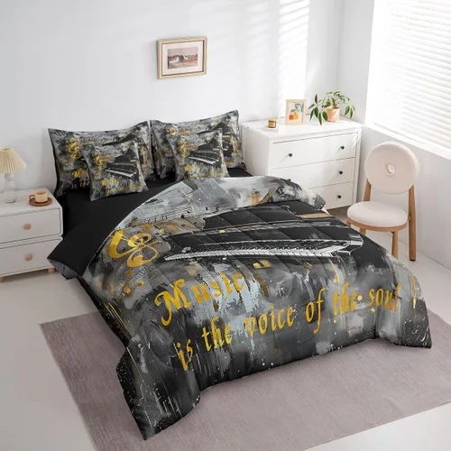 Miniatura 3 de Piano Music 7pcs Comforter King,Musical Notes Bedding Set Kids Girls Boys Teens Room Decor,Retro Graffiti Grey Gold Music Lover Bed in a Multi 11