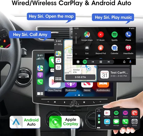 Miniatura 3 de [2G+64G] 10 pulgadas Android 13 pantalla táctil DIN simple coche estéreo giratorio Carplay Radio con cable/inalámbrico Carplay y Android Auto