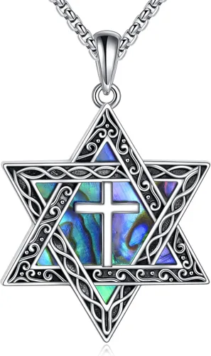 CRMAD Collar de plata de ley con cruz de David, símbolo de paz, urnas, árbol de la vida, concha de abulón, joyería judía para mujeres y hombres