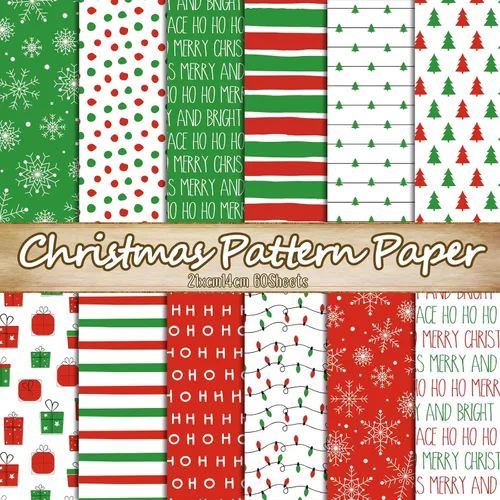 Whaline 60 piezas de papel con patrón de Feliz Navidad HOHOHO, papel especial para árbol de Navidad, copo de nieve, papel decorativo para